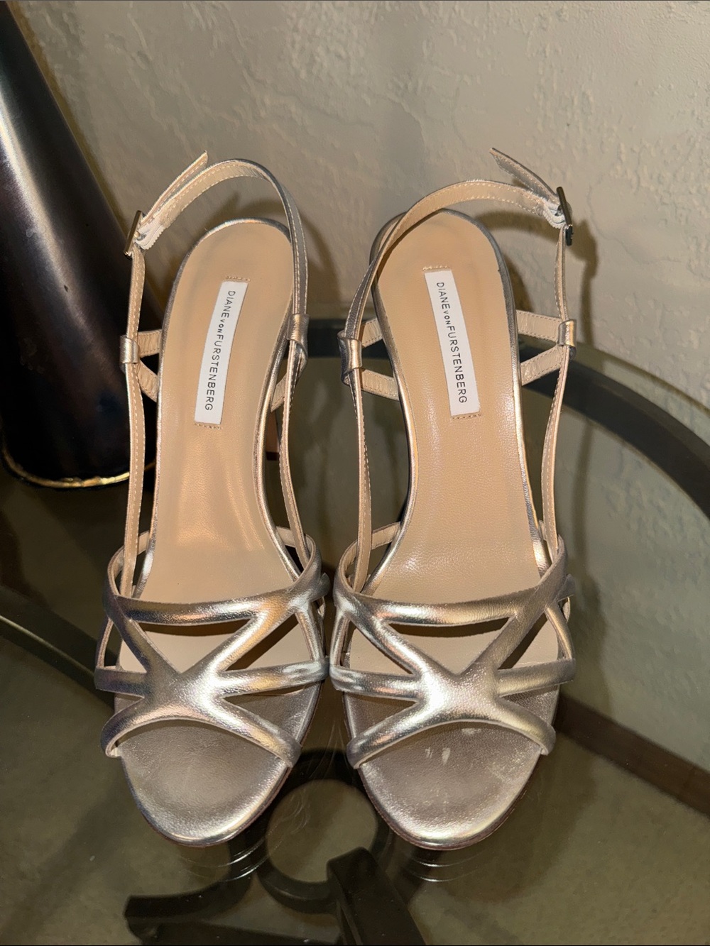 Diane Von Furstenberg Silver Metallic Strappy Slingback Heels NWT NIB size 8m